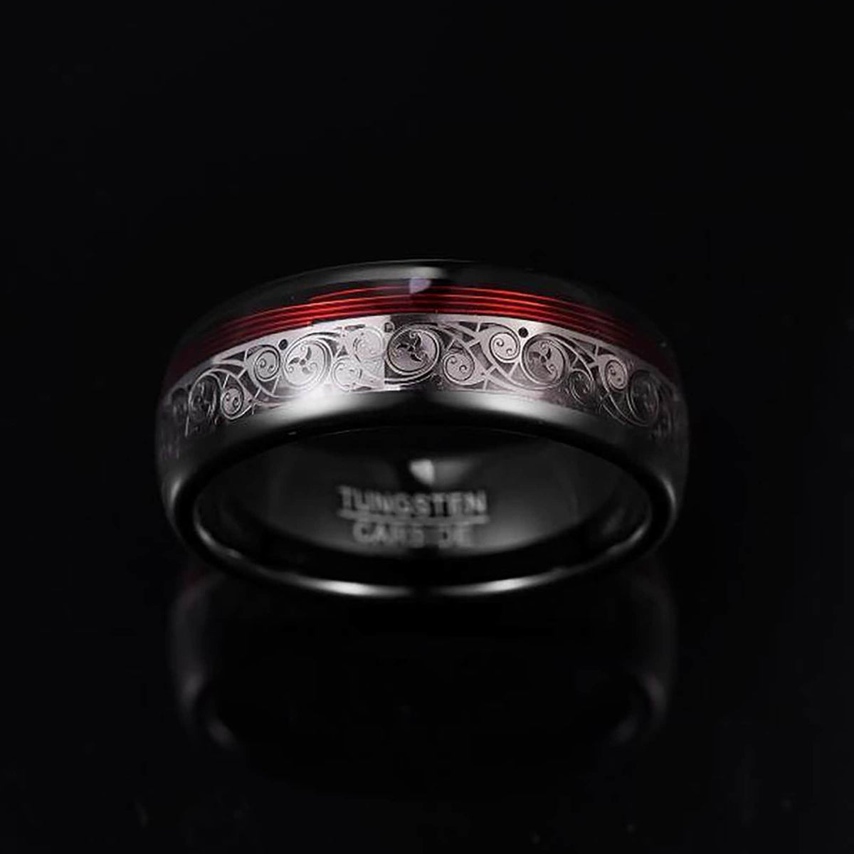 Tungsten Carbide Ring with Red Spiral Piano Thread & Steel Plating Inlay - Wedding Band Engagement Ring - Anti-Scratch Hypoallergenic