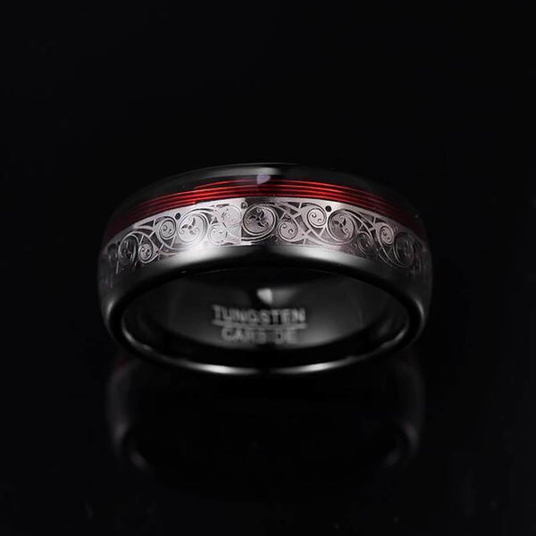 Tungsten Carbide Ring with Red Spiral Piano Thread & Steel Plating Inlay - Wedding Band Engagement Ring - Anti-Scratch Hypoallergenic