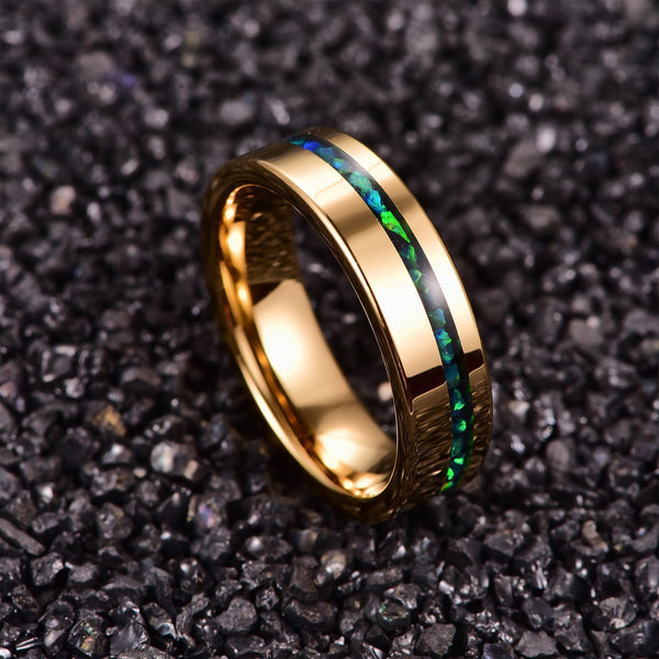 Electric Gold Green Opal Stones Tungsten Ring - 6mm Mens Wedding Band - Anniversary Gift - Womens Engagement Ring - Custom Engraved Ring