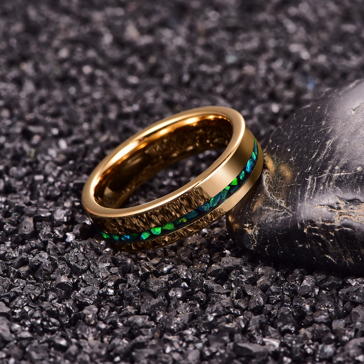 Electric Gold Green Opal Stones Tungsten Ring - 6mm Mens Wedding Band - Anniversary Gift - Womens Engagement Ring - Custom Engraved Ring