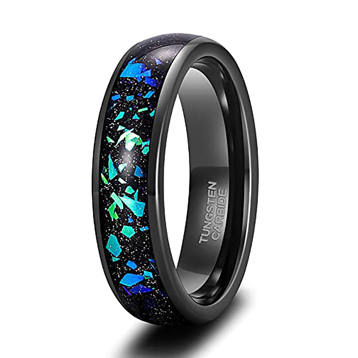 Crushed Blue Opal and Glitter Inlay Tungsten Carbide Ring - Unique Engagement Ring - Black Wedding Band - Anti Scratch - Rings for Couples