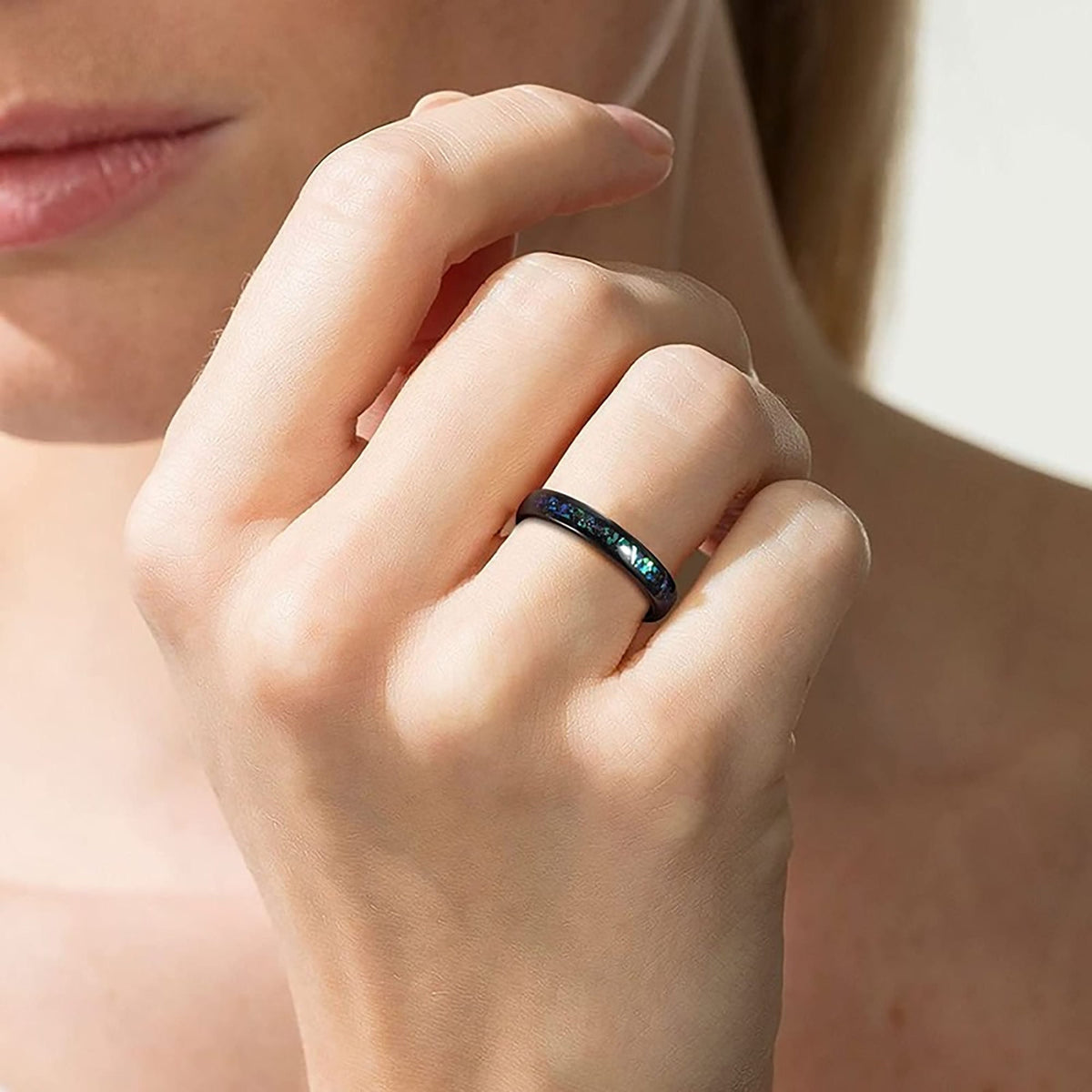 Crushed Blue Opal and Glitter Inlay Tungsten Carbide Ring - Unique Engagement Ring - Black Wedding Band - Anti Scratch - Rings for Couples