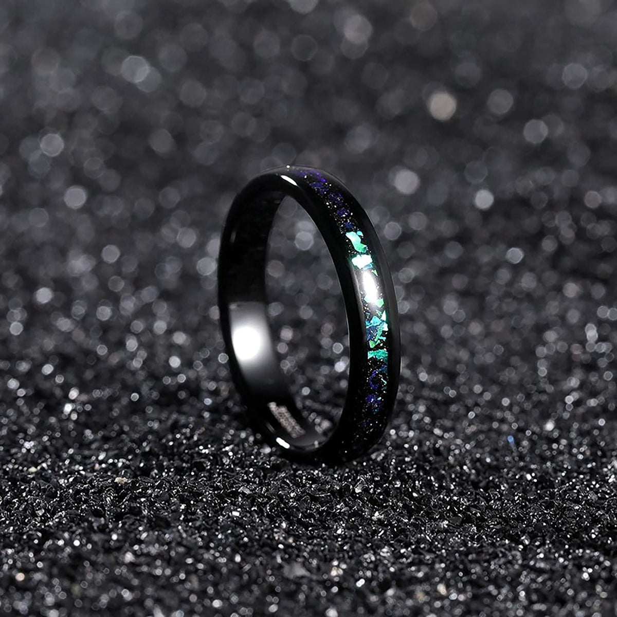 Crushed Blue Opal and Glitter Inlay Tungsten Carbide Ring - Unique Engagement Ring - Black Wedding Band - Anti Scratch - Rings for Couples