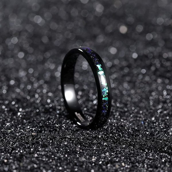 Crushed Blue Opal and Glitter Inlay Tungsten Carbide Ring - Unique Engagement Ring - Black Wedding Band - Anti Scratch - Rings for Couples