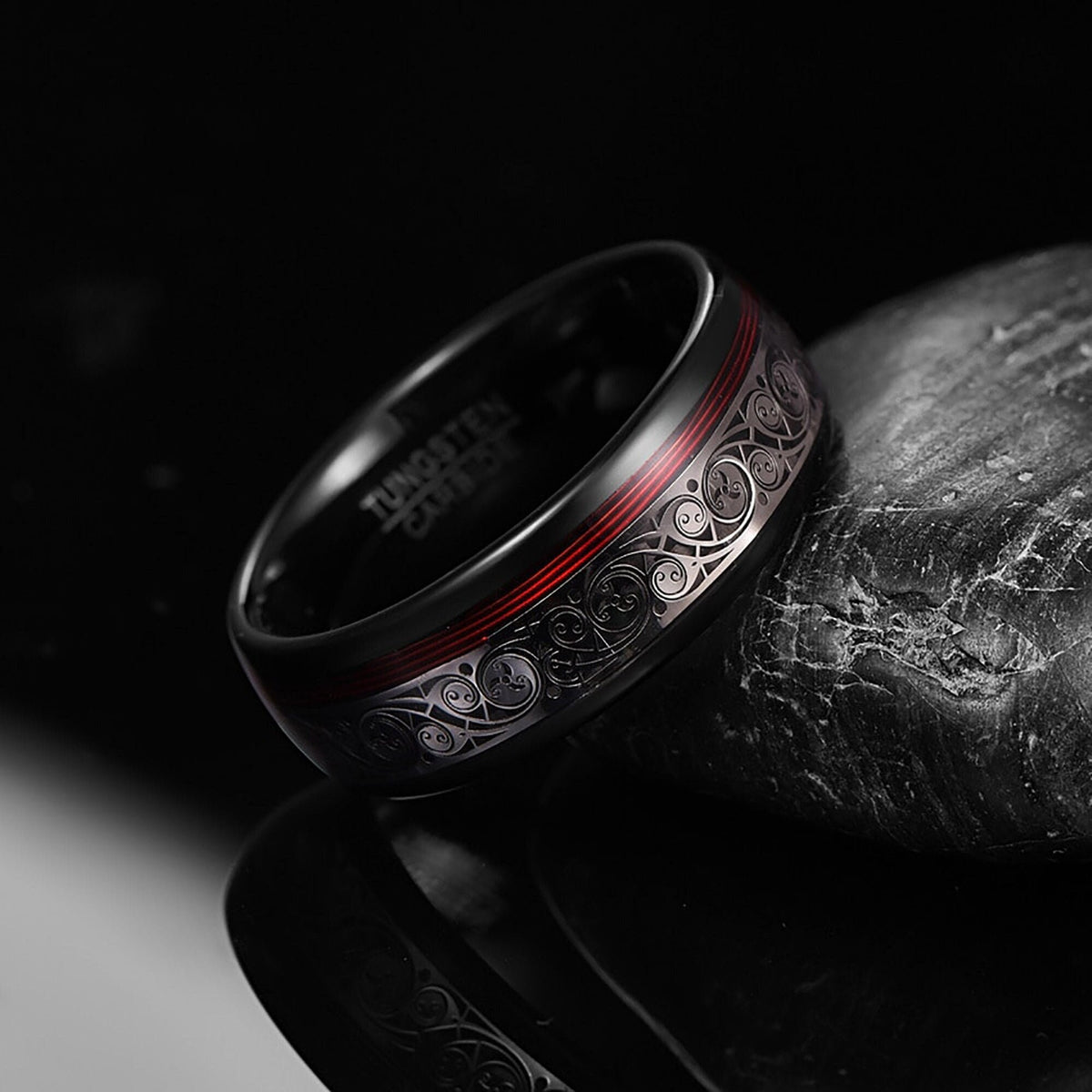 Tungsten Carbide Ring with Red Spiral Piano Thread & Steel Plating Inlay - Wedding Band Engagement Ring - Anti-Scratch Hypoallergenic