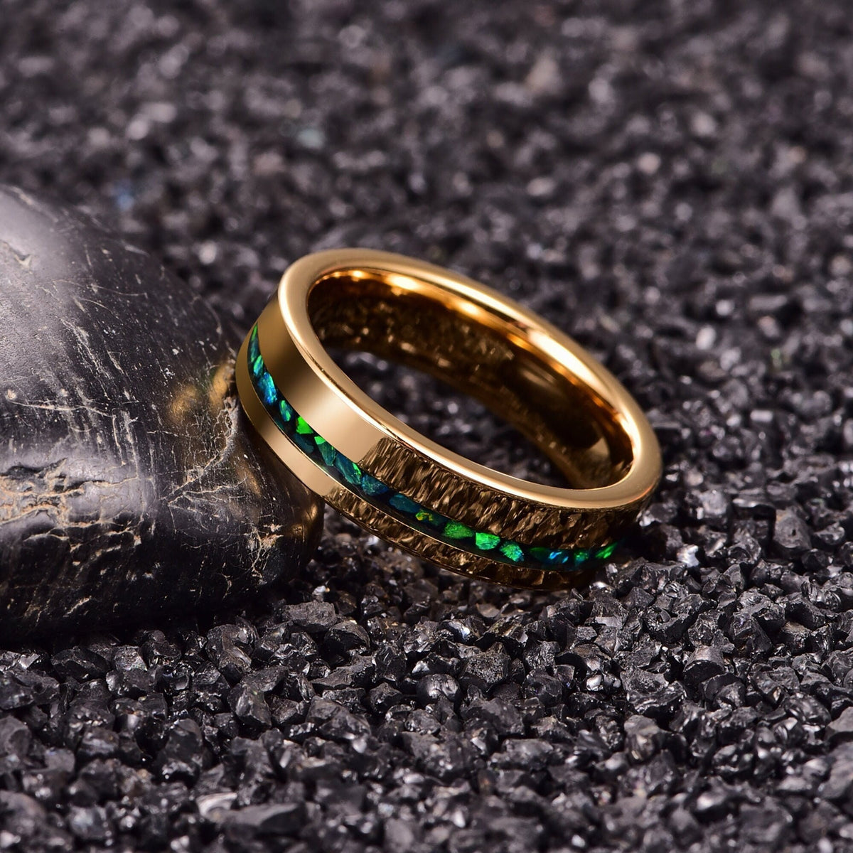 Electric Gold Green Opal Stones Tungsten Ring - 6mm Mens Wedding Band - Anniversary Gift - Womens Engagement Ring - Custom Engraved Ring