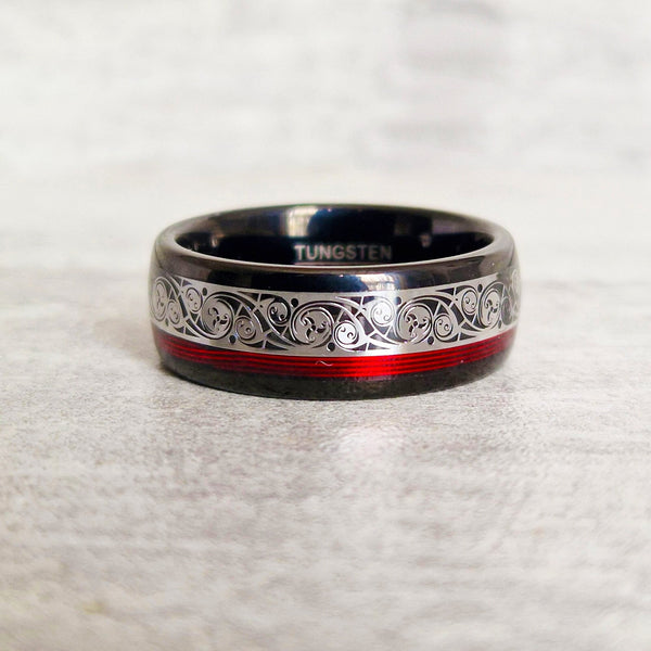 Tungsten Carbide Ring with Red Spiral Piano Thread & Steel Plating Inlay - Wedding Band Engagement Ring - Anti-Scratch Hypoallergenic