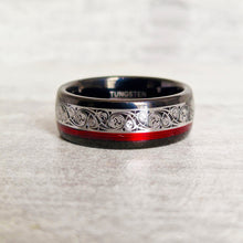 Tungsten Carbide Ring with Red Spiral Piano Thread & Steel Plating Inlay - Wedding Band Engagement Ring - Anti-Scratch Hypoallergenic