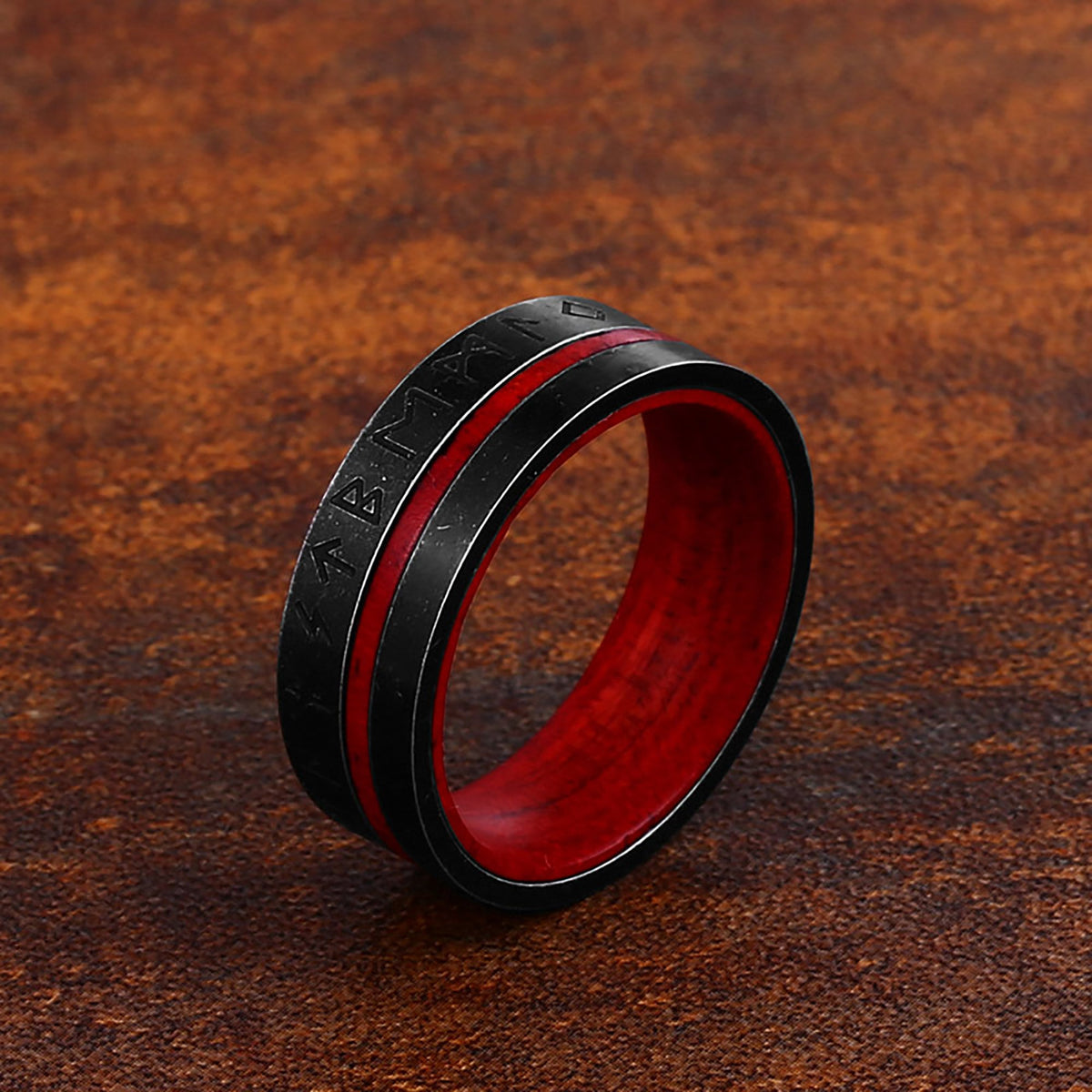 Rustic Viking Runes Rings with Solid Rosewood Inlay | Engraved Norse Runes | Retro Boho Pagan Jewelry Bands
