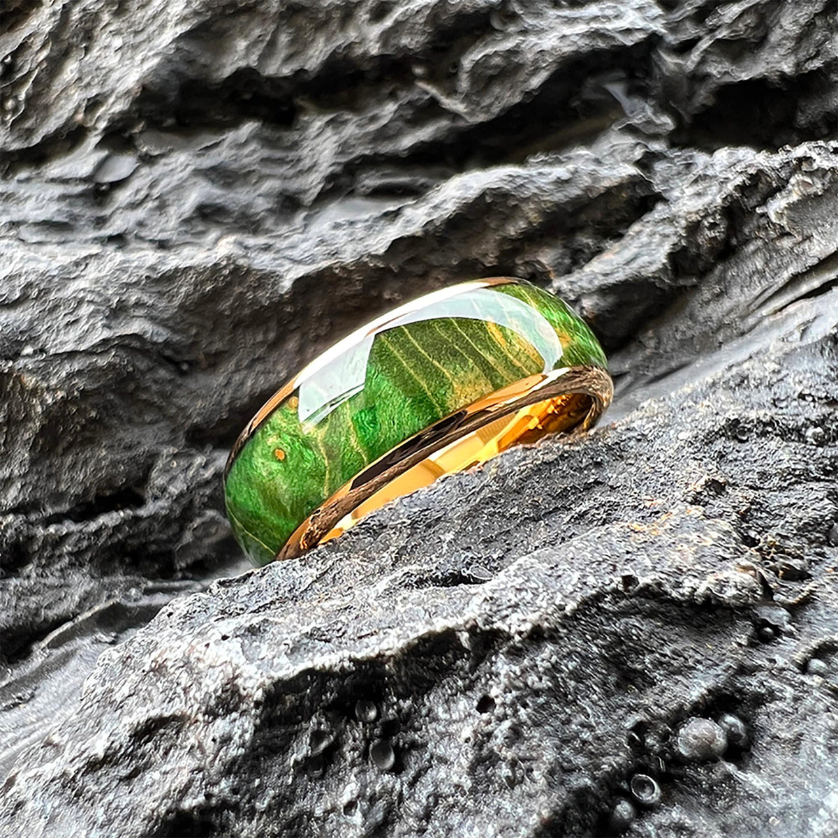 Vibrant Green Dyed Elder Wooden Ring | 8mm Domed Polished Tungsten Band | Nature-Inspired Handcrafted Wedding Band
