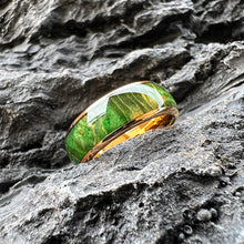 Vibrant Green Dyed Elder Wooden Ring | 8mm Domed Polished Tungsten Band | Nature-Inspired Handcrafted Wedding Band