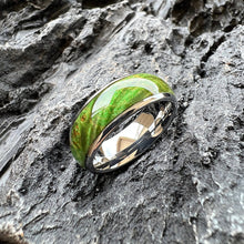 Vibrant Green Dyed Elder Wooden Ring | 8mm Domed Polished Tungsten Band | Nature-Inspired Handcrafted Wedding Band
