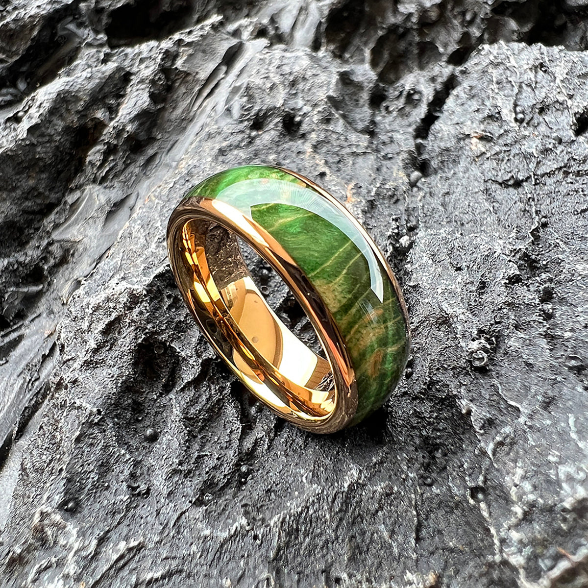 Vibrant Green Dyed Elder Wooden Ring | 8mm Domed Polished Tungsten Band | Nature-Inspired Handcrafted Wedding Band