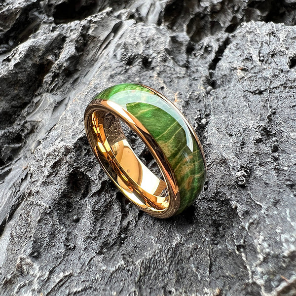 Vibrant Green Dyed Elder Wooden Ring | 8mm Domed Polished Tungsten Band | Nature-Inspired Handcrafted Wedding Band