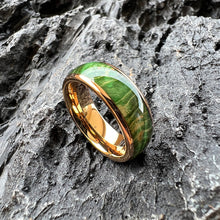 Vibrant Green Dyed Elder Wooden Ring | 8mm Domed Polished Tungsten Band | Nature-Inspired Handcrafted Wedding Band