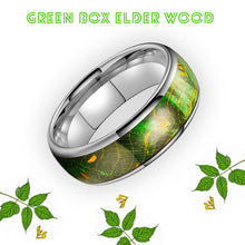 Vibrant Green Dyed Elder Wooden Ring | 8mm Domed Polished Tungsten Band | Nature-Inspired Handcrafted Wedding Band
