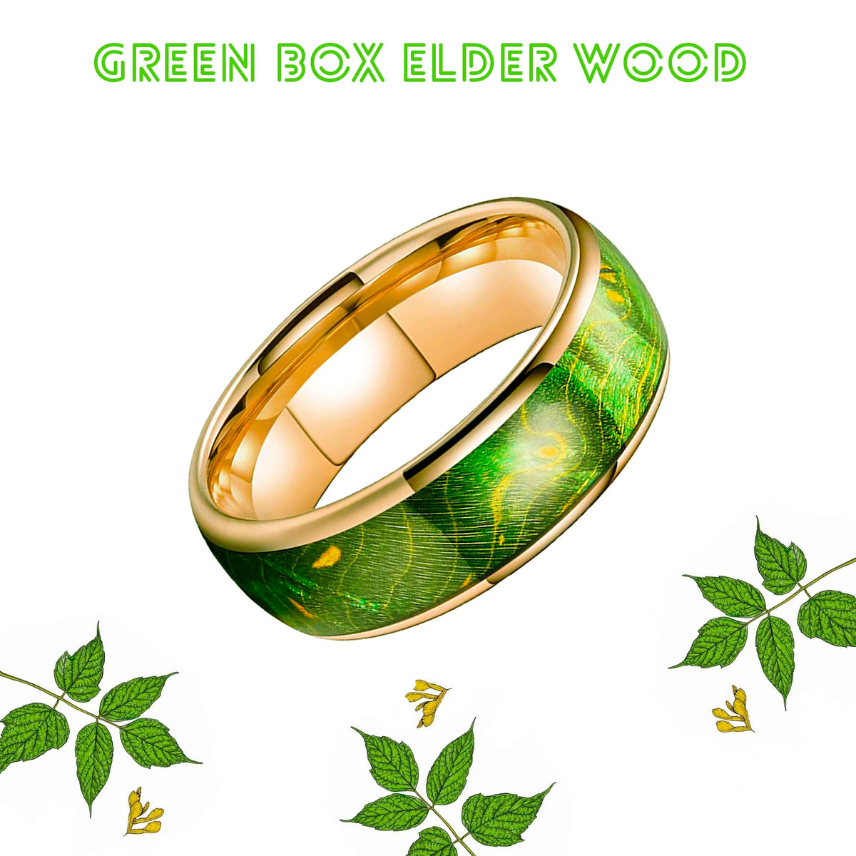 Vibrant Green Dyed Elder Wooden Ring | 8mm Domed Polished Tungsten Band | Nature-Inspired Handcrafted Wedding Band