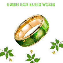 Vibrant Green Dyed Elder Wooden Ring | 8mm Domed Polished Tungsten Band | Nature-Inspired Handcrafted Wedding Band