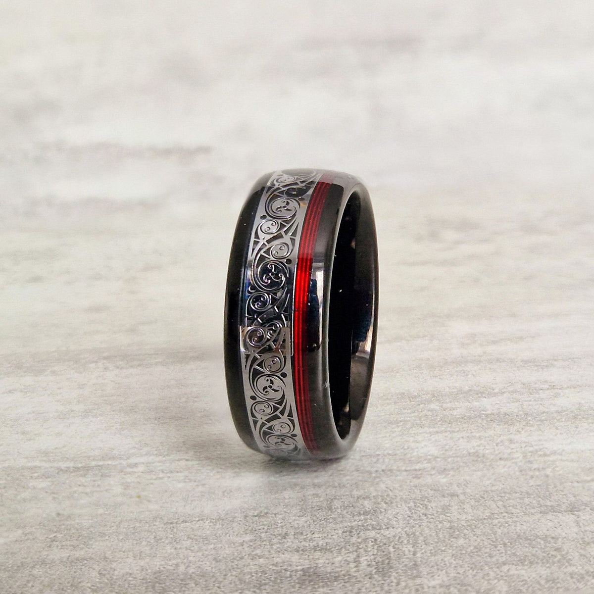 Tungsten Carbide Ring with Red Spiral Piano Thread & Steel Plating Inlay - Wedding Band Engagement Ring - Anti-Scratch Hypoallergenic