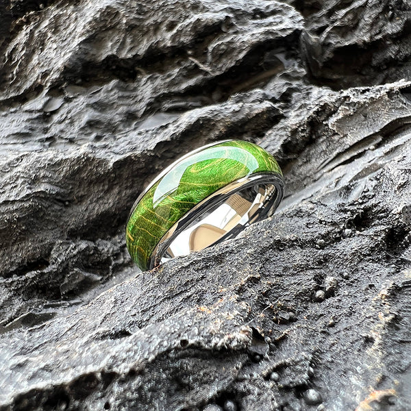 Vibrant Green Dyed Elder Wooden Ring | 8mm Domed Polished Tungsten Band | Nature-Inspired Handcrafted Wedding Band