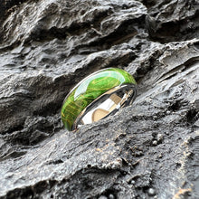 Vibrant Green Dyed Elder Wooden Ring | 8mm Domed Polished Tungsten Band | Nature-Inspired Handcrafted Wedding Band