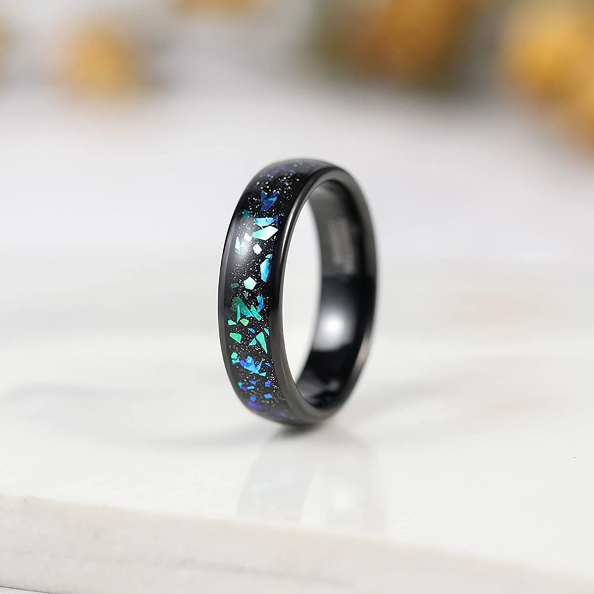 Crushed Blue Opal and Glitter Inlay Tungsten Carbide Ring - Unique Engagement Ring - Black Wedding Band - Anti Scratch - Rings for Couples
