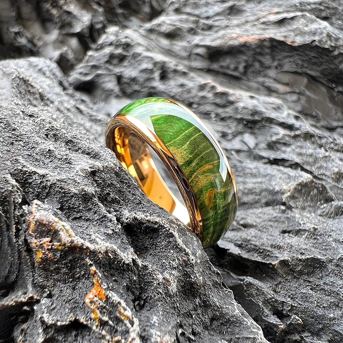 Vibrant Green Dyed Elder Wooden Ring | 8mm Domed Polished Tungsten Band | Nature-Inspired Handcrafted Wedding Band