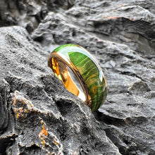 Vibrant Green Dyed Elder Wooden Ring | 8mm Domed Polished Tungsten Band | Nature-Inspired Handcrafted Wedding Band