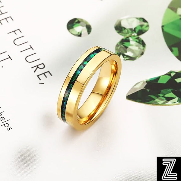 Electric Gold Green Opal Stones Tungsten Ring - 6mm Mens Wedding Band - Anniversary Gift - Womens Engagement Ring - Custom Engraved Ring