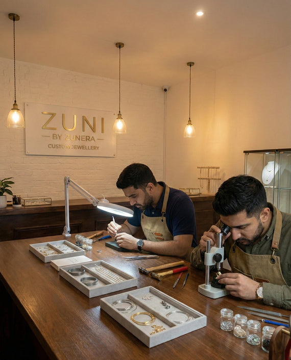 Two jewelers working at a table in a Zuni By Zunera jewelry store.